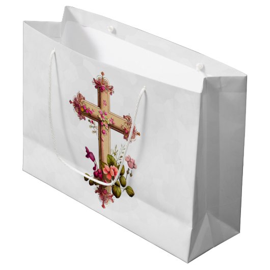 Elegant Wooden Cross met roze bloemen Groot Cadeauzakje (Voorkant Gekanteld)