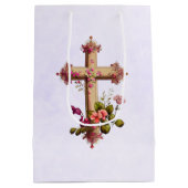 Elegant Wooden Cross met roze bloemen Medium Cadeauzakje (Achterkant)