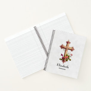 Elegant Wooden Cross met roze bloemen Notitieboek