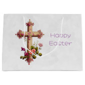 Elegant Wooden Cross met Roze Bloemen Pasen Groot Cadeauzakje (Voorkant)