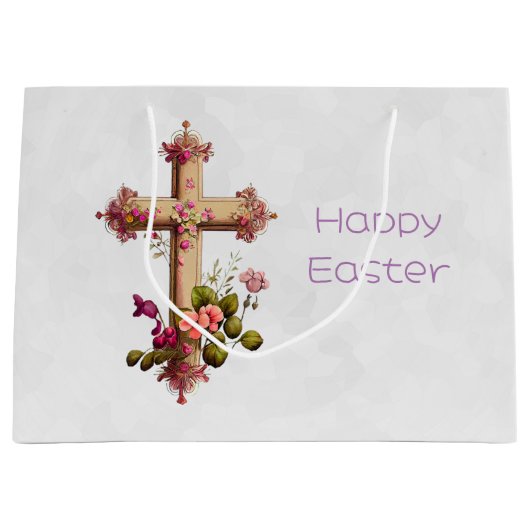 Elegant Wooden Cross met Roze Bloemen Pasen Groot Cadeauzakje (Voorkant)