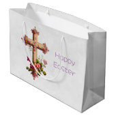 Elegant Wooden Cross met Roze Bloemen Pasen Groot Cadeauzakje (Achterkant Gekanteld)