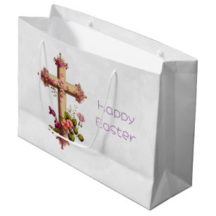 Elegant Wooden Cross met Roze Bloemen Pasen Groot Cadeauzakje
