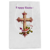 Elegant Wooden Cross met Roze Bloemen Pasen Medium Cadeauzakje (Voorkant)