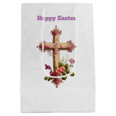 Elegant Wooden Cross met Roze Bloemen Pasen Medium Cadeauzakje (Achterkant)