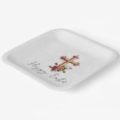 Elegant Wooden Cross met Roze Bloemen Pasen Papieren Bordje (Gebogen)