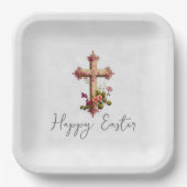 Elegant Wooden Cross met Roze Bloemen Pasen Papieren Bordje (Voorkant)