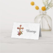 Elegant Wooden Cross met roze bloemen Plaatskaartje (Voorkant)
