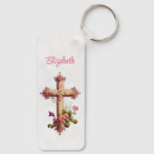 Elegant Wooden Cross met roze bloemen Sleutelhanger (Achterkant)