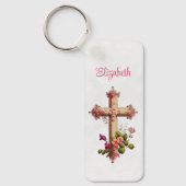 Elegant Wooden Cross met roze bloemen Sleutelhanger (Voorkant)