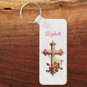 Elegant Wooden Cross met roze bloemen Sleutelhanger (Voorkant)