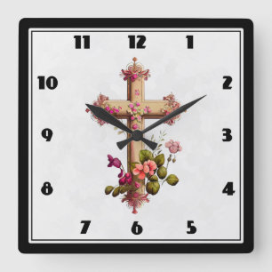 Elegant Wooden Cross met roze bloemen Vierkante Klok