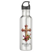 Elegant Wooden Cross met roze bloemen Waterfles (Voorkant)