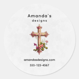 Elegant Wooden Cross met Roze Flowers Business Ronde Sticker