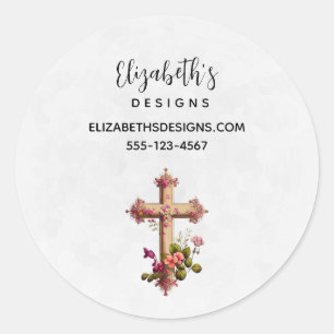 Elegant Wooden Cross met Roze Flowers Business Ronde Sticker