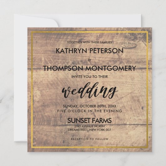 Elegant Wooden Gold Wedding Uitnodiging (Voorkant)