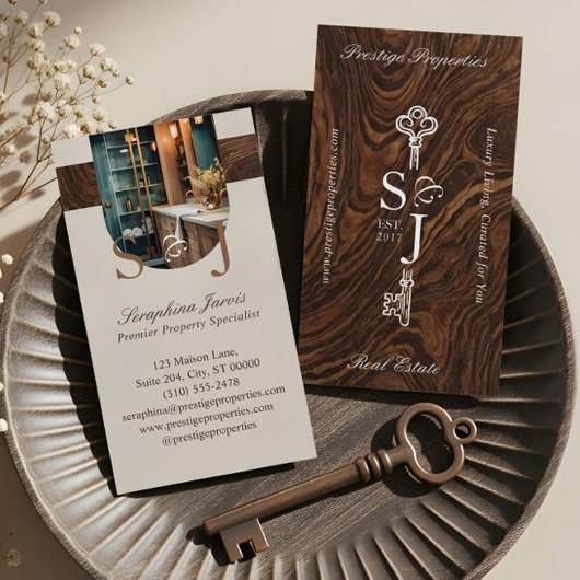 Elegant Woodgrain Key Monogram Stylish Arch Photo Visitekaartje
