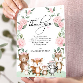 Elegant Woodland Animals Roze Blush Floral Baby Bedankkaart