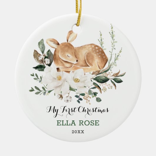 Elegant Woodland Deer Baby Eerste Kerstkerkerkerke Keramisch Ornament (Voorkant)
