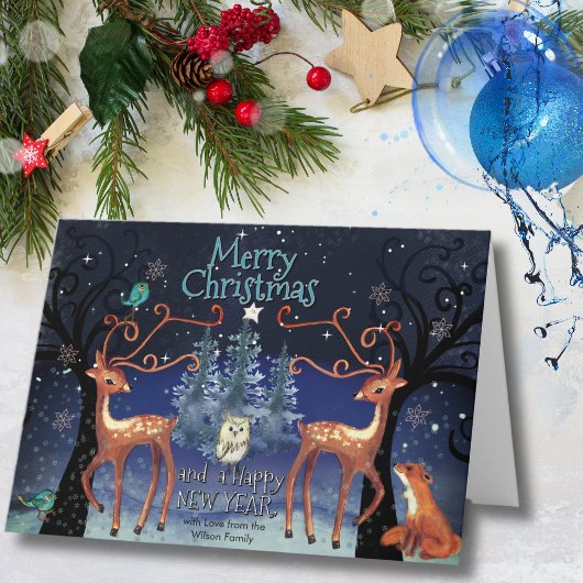 Elegant Woodland Deer Christmas | Forest Scene Feestdagen Kaart