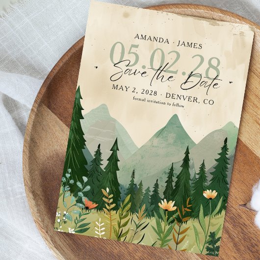 Elegant Woodland en Mountain Save the Date Kaart