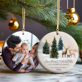 Elegant Woodland Familie van Drie Foto's Kerstmis Keramisch Ornament