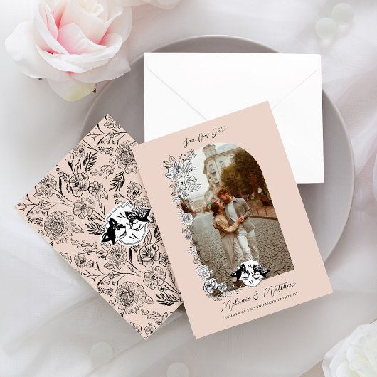 Elegant Woodland Fox Bloemen Schets Sprookje Foto Save The Date