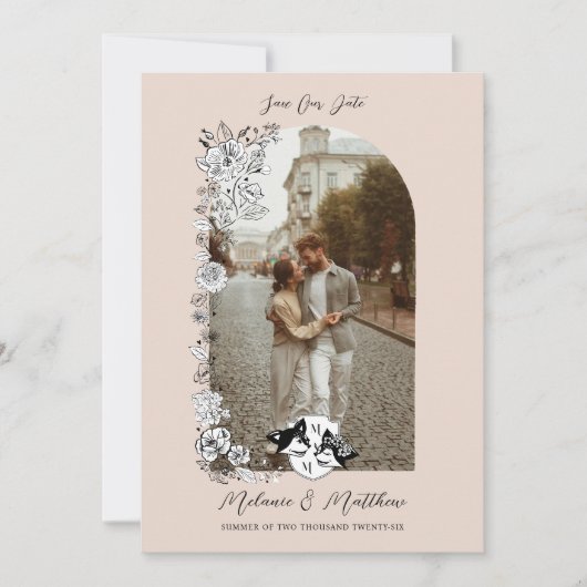 Elegant Woodland Fox Bloemen Schets Sprookje Foto Save The Date (Voorkant)