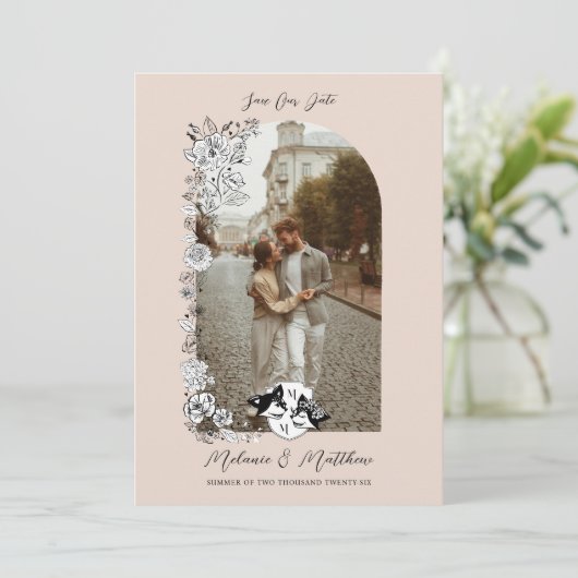 Elegant Woodland Fox Bloemen Schets Sprookje Foto Save The Date (Staand voorkant)