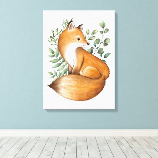 Elegant Woodland Fox Botanical Greenery Leaves Canvas Afdruk (Insitu (Houten vloer))