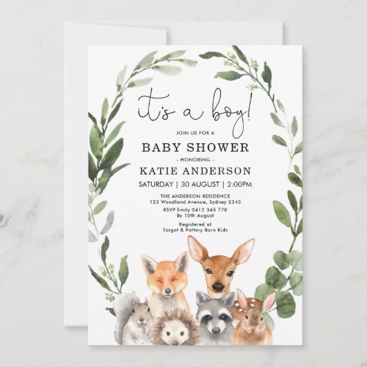 Elegant Woodland Greenery Animals Baby shower Kaart (Voorkant)