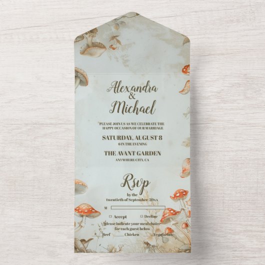 Elegant Woodland Mushroom Fern Wedding All In One Uitnodiging (Binnen)