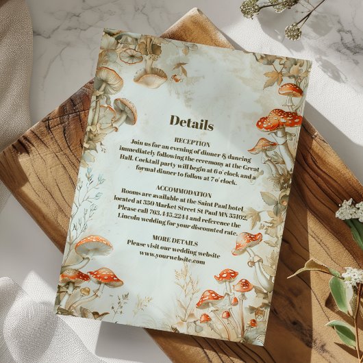Elegant Woodland Mushroom Fern Wedding Informatiekaartje