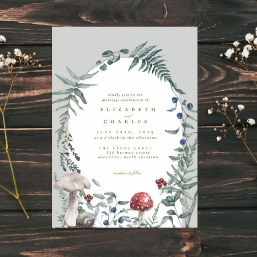 Elegant Woodland Mushroom Fern Wedding Kaart