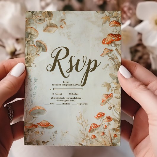 Elegant Woodland Mushroom Fern Wedding RSVP Kaartje