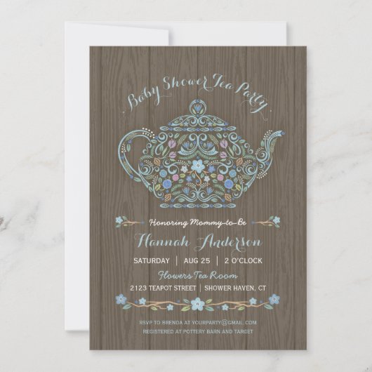 Elegant Woodland Teapot Baby Boy Shower Invite Kaart (Voorkant)