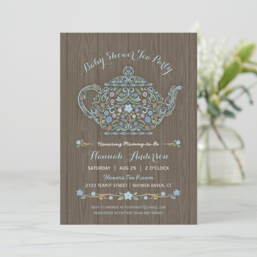Elegant Woodland Teapot Baby Boy Shower Invite Kaart (Staand voorkant)