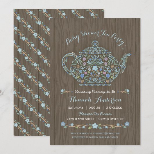 Elegant Woodland Teapot Baby Boy Shower Invite Kaart (Voorkant / Achterkant)