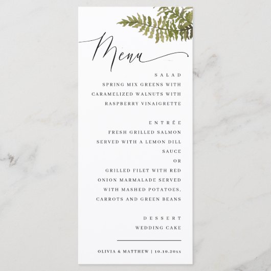 Elegant Woodland Wedding | Minimalist Forest Fern Menu (Voorkant)