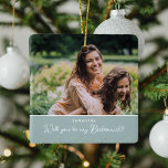Elegant, word jij mijn bruidsmeisje? 2 Foto Keramisch Ornament<br><div class="desc">Vraag je beste bruidsmeisjes om een bruidsmeisje te zijn op je bruiloft met dit elegante foto-aandenken ornament. Design beschikt over 2 foto's naar keuze, een salie groen blok dat kan worden veranderd in elke kleur aan uw thema en faux gouden hart confetti. Kan worden gewijzigd voor Maid of Honor, Bloemenmeisje...</div>