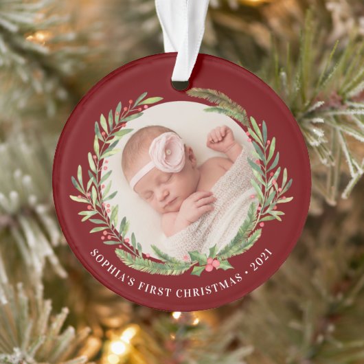 Elegant Wreater First kerstfoto Red Ornament (Boom)