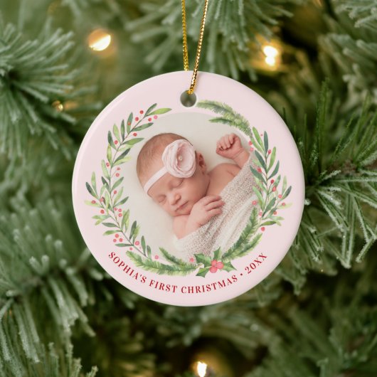 Elegant Wreater First kerstfoto Roze Keramisch Ornament (Boom)
