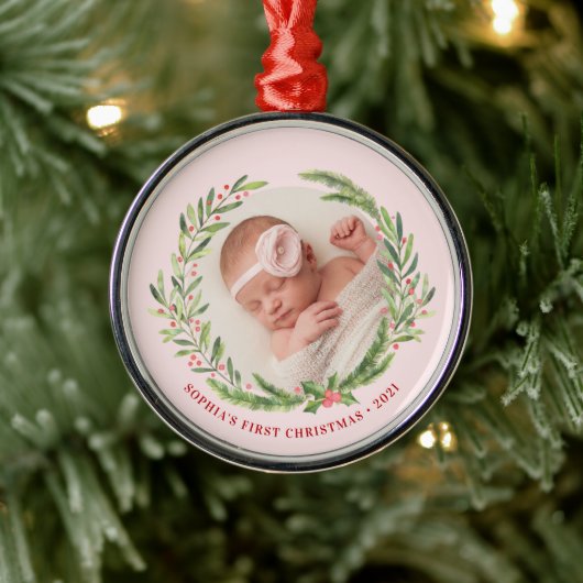 Elegant Wreater First kerstfoto Roze Metalen Ornament (Boom)