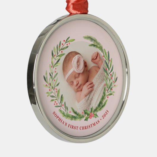 Elegant Wreater First kerstfoto Roze Metalen Ornament (Rechts)