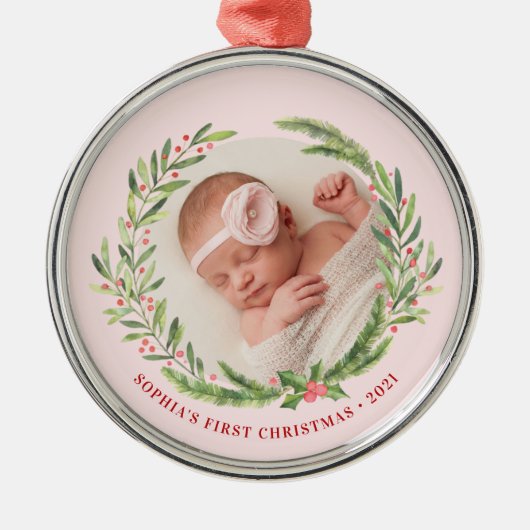 Elegant Wreater First kerstfoto Roze Metalen Ornament (Voorkant)