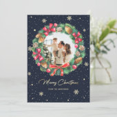 Elegant Wreater Gold Blue Photo met kerstmis Feestdagenkaart (Staand voorkant)