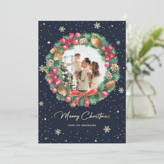 Elegant Wreater Gold Blue Photo met kerstmis Feestdagenkaart (Staand voorkant)