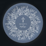 Elegant Wreath and Cross Blue Boy Baptism Papieren Bordje<br><div class="desc">Stylish blue boy baptism paper plates feature a white cross surrounded by a wreath of white leaves and your details in chic lettering. MATCHING items available in our collection.</div>
