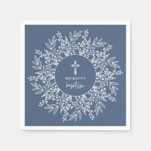 Elegant Wreath and Cross Blue Boy Baptism Servet (Voorkant)