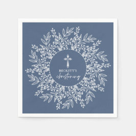 Elegant Wreath and Cross Blue Boy Christening Servet